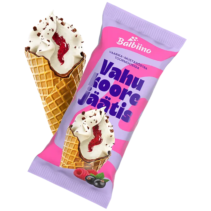 Balbiino Vahukoorejäätis Vaarika-Mustsõstramoosi ja Piimašokolaaditükkidega Vahvlikoonuses 94 g