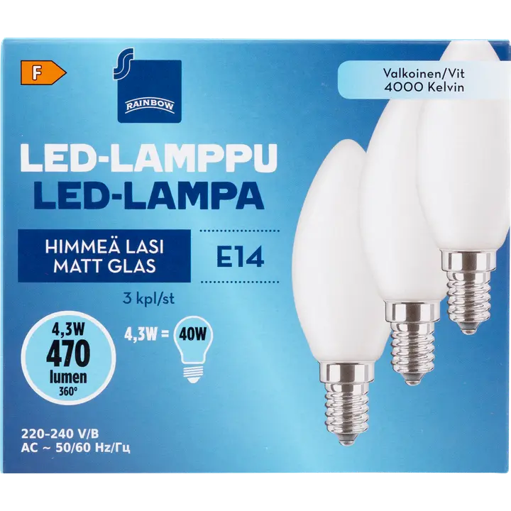 Rainbow LED-kynttilälamppu 4,3 W E14 4000 K 470 lm himmeä lasi 3 kpl