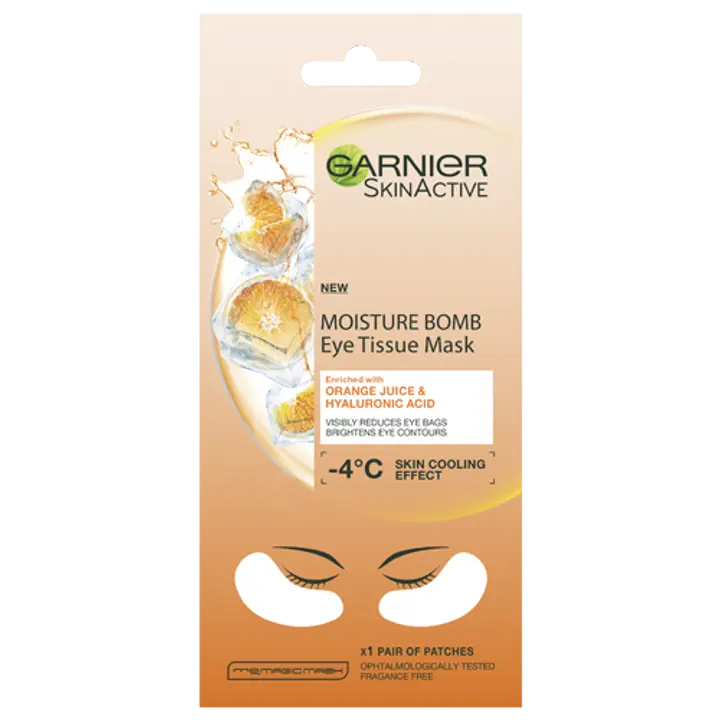 Garnier SkinActive Moisture Bomb Eye Tissue Mask Orange Juice silmänalusnaamio, silmäpusseista vähemmän näkyvät 6g
