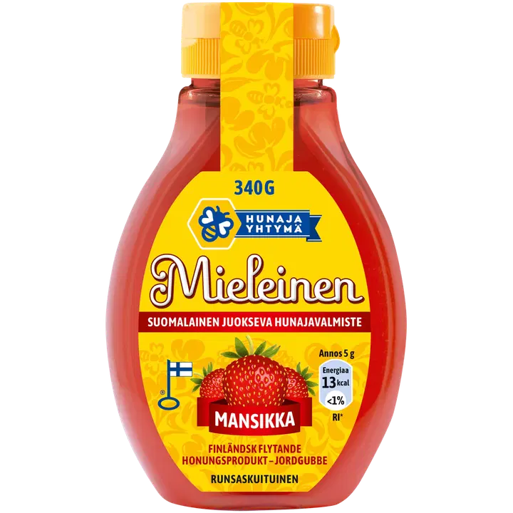 Mieleinen suomalainen juokseva hunajavalmiste mansikka 340g