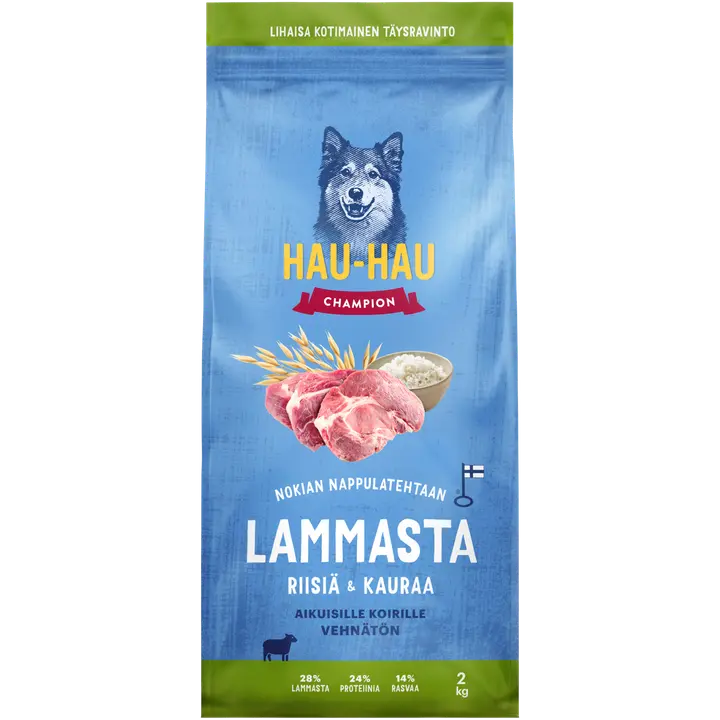 Hau-Hau Champion Nokian Nappulatehtaan Lammasta, riisiä & kauraa täysravinto aikuisille koirille 2 kg