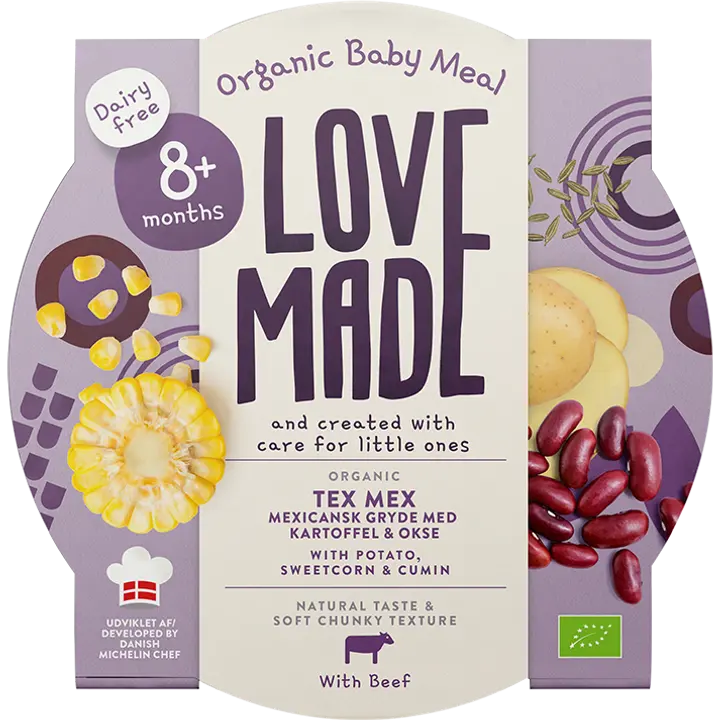 Lovemade Luomu Tex mex pataa - perunaa & naudanlihaa, maissia ja juustokuminaa. Alkaen 8 kk.