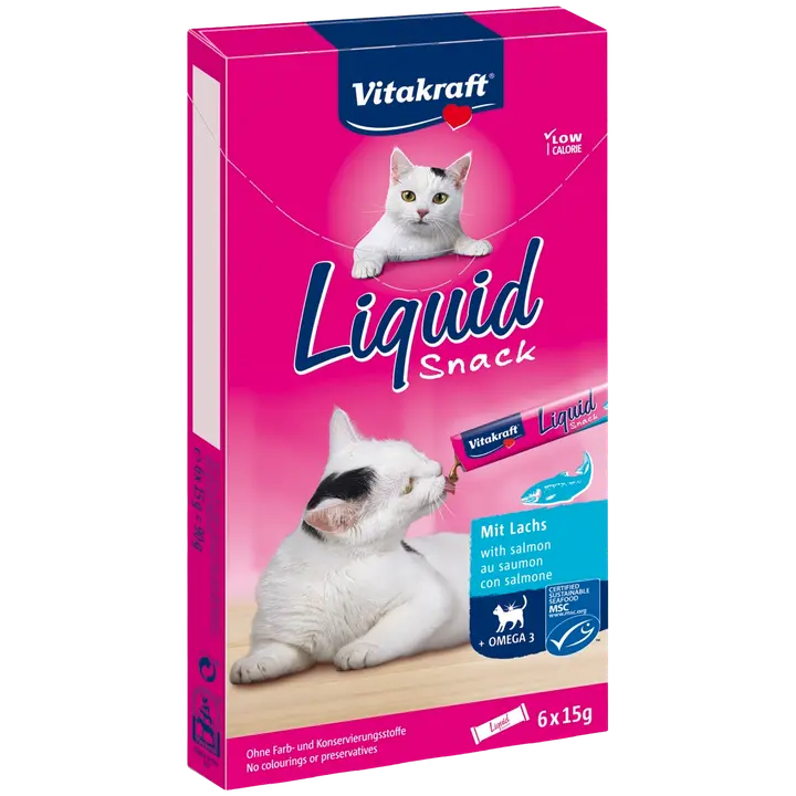 Vitakraft Liquid snack Nestemäinen välipala vähintään 3 kuukauden ikäisille kissoille lohi + omega 3 6x15g