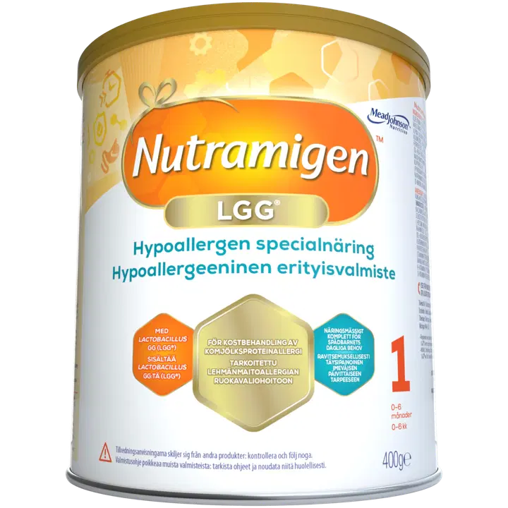 Nutramigen 1 LGG, 400g, kaseiinipohjainen kliininen ravintovalmiste lehmänmaitoallergian ruokavaliohoitoon,sisältää probiootti LGG, jauhe 0- 6 kk