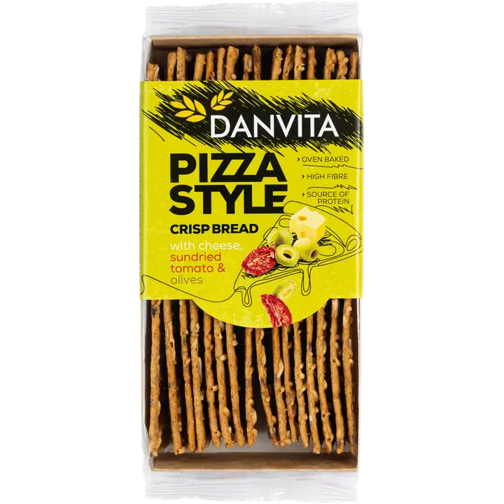 Pizza style Crisp bread with cheese, sun dried tomato and olives