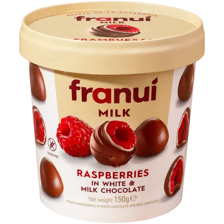 Franui Maito- ja valkosuklaalla päällystetyt vadelmat 150 g