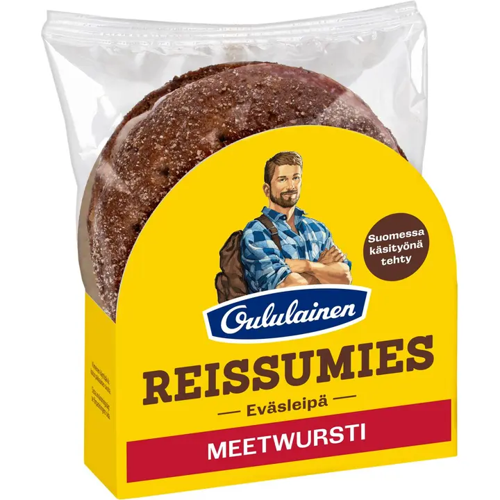 Oululainen Reissumies Eväsleipä Meetwursti 130g, täytetty täysjyväruisleipä meetwursti-maustekurkku-pippurilevite