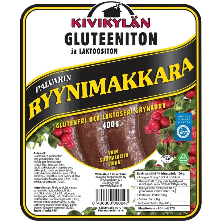 Kivikylän Gluteeniton Palvarin ryynimakkara 400 g