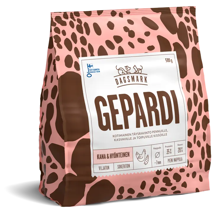 Dagsmark GEPARDI kana-hyönteinen, viljaton täysravinto pennuille, kasvaville ja toipuville kissoille 500 g