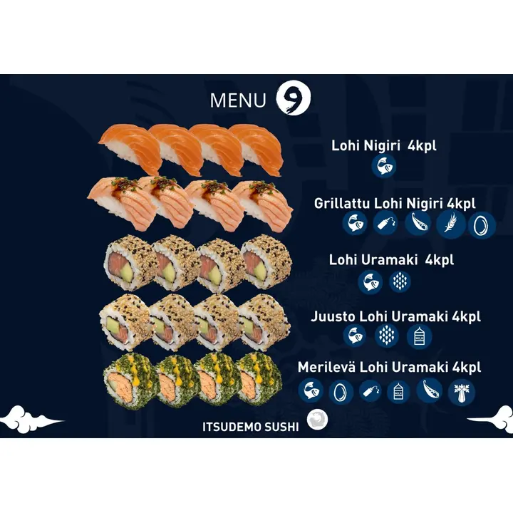 Itsudemo Sushibar sushi box, 4*lohi nigiri, 4*grillattu lohi nigiri, 4* juusto lohi uramaki, 4*lohi uramaki, 4* wakame uramaki