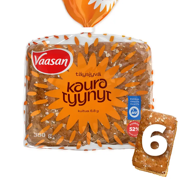 Vaasan Täysjyväkauratyynyt 380g 6 kpl täysjyväkauraleipä