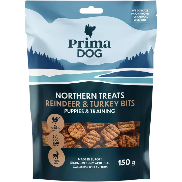 Prima Dog Northern Treats Bits Poro-Kalkkuna Pennuille ja Treenaamiseen 150 g