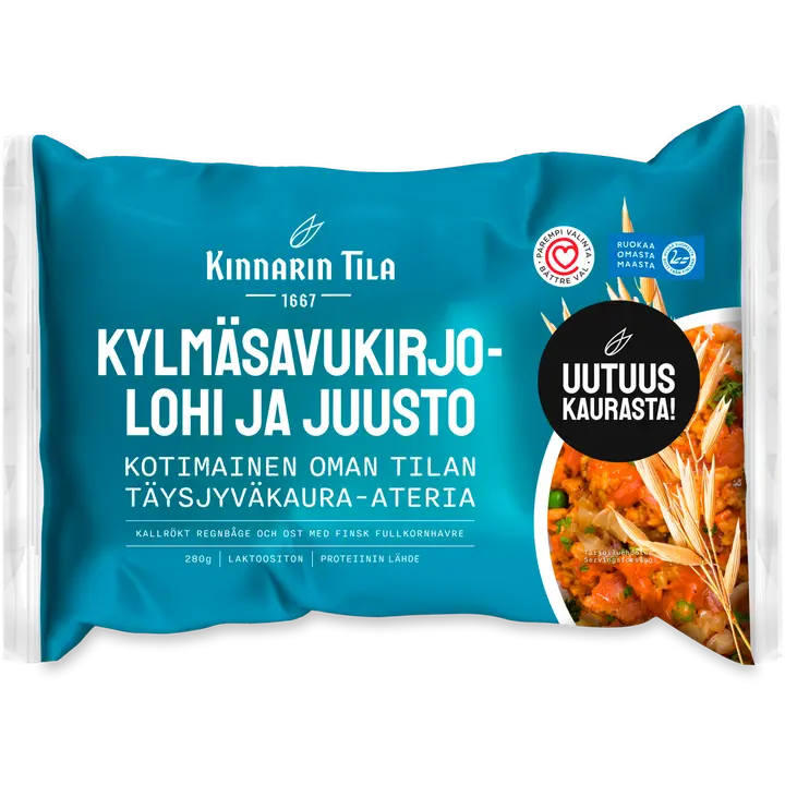Kinnarin Tila 280g Kylmäsavukirjolohi ja mustaleimasulatejuusto täysjyväkaura-ateria