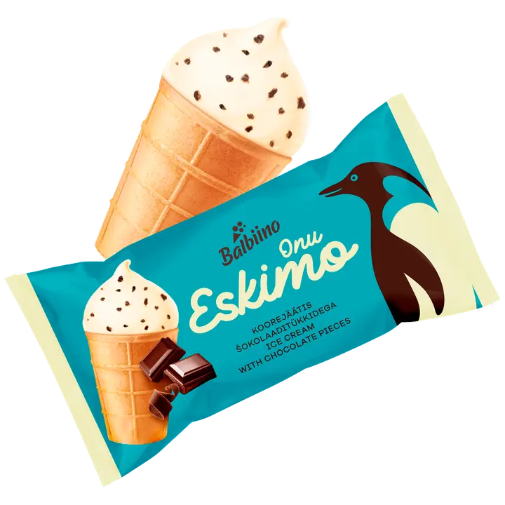 Vanillimaitseline koorejäätis šokolaaditükkidega vahvlitopsis, 65g/125ml