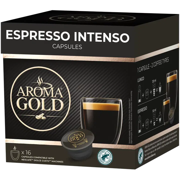 AROMA GOLD ESPRESSO INTENSO Färdigmalet rostat kaffe i kapslar 128 g