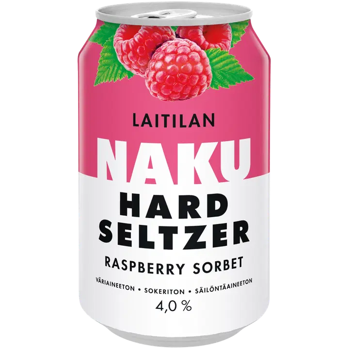Laitilan Naku Hard Seltzer Raspberry Sorbet 4,0 til-% 0,33L hard seltzer vadelmasorbetinmakuinen makeuttamaton alkoholijuoma