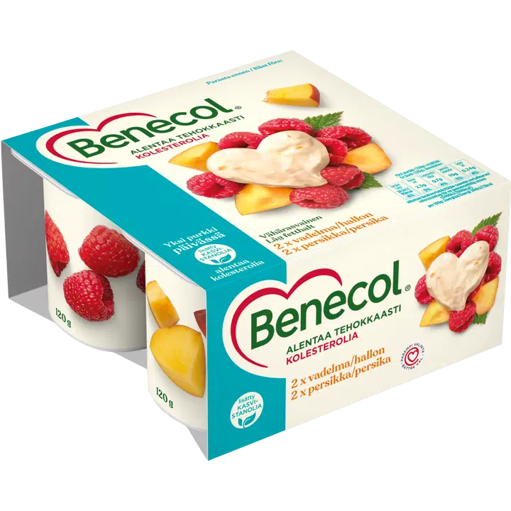Benecol 4x120g jogurtti vadelma&persikka vähärasvainen kolesterolia alentava