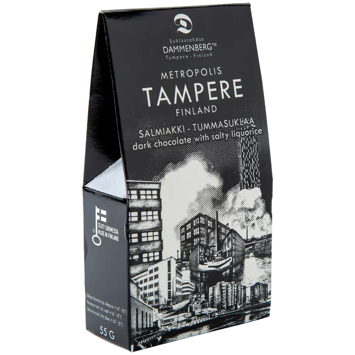 Dammenberg Reilun kaupan Tampere salmiakki tummasuklaanappi 55g maidoton, vegaani