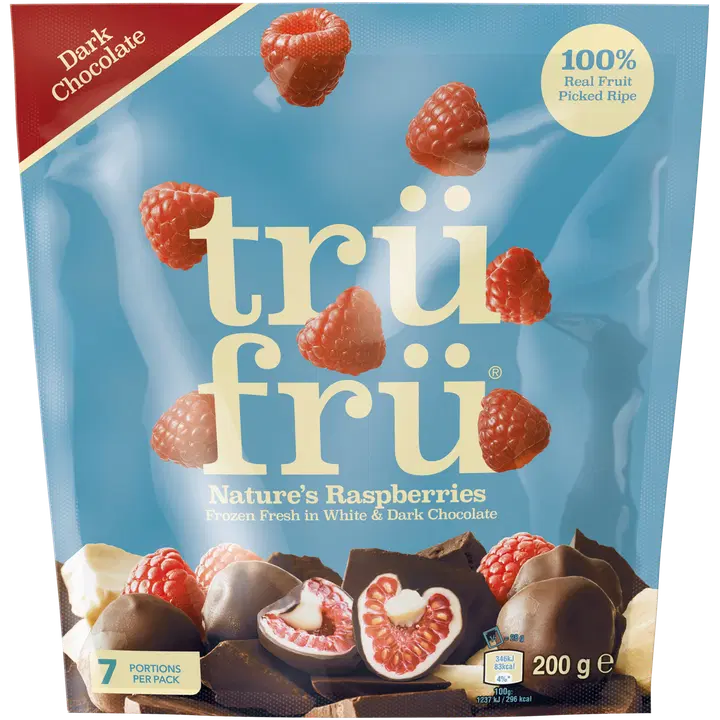 Trü Frü Raspberries in White & Dark Chocolate 200g