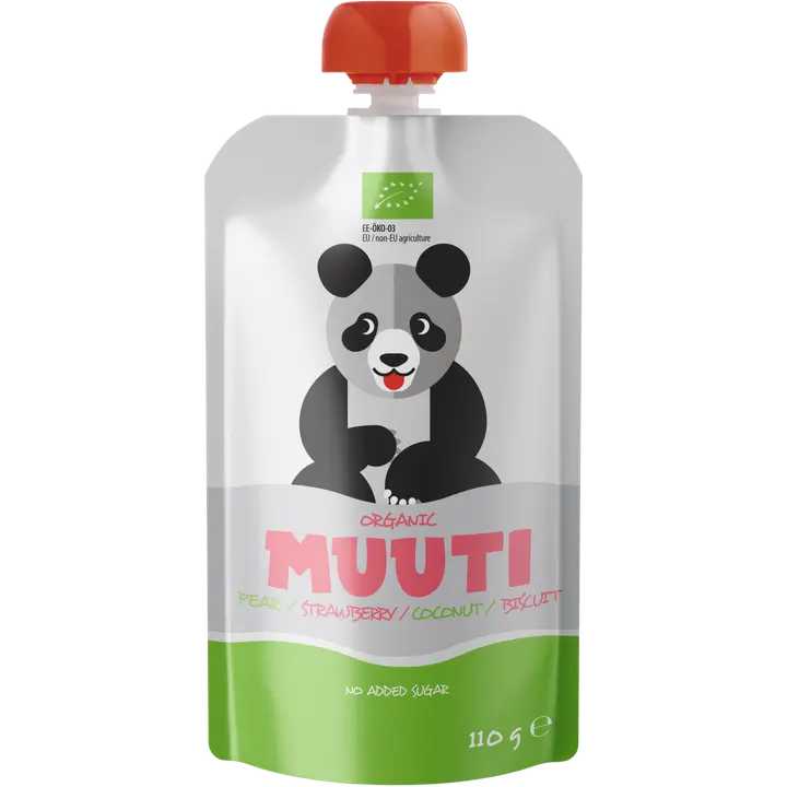 Muuti luomu päärynä-mansikkasose kookosmaidolla ja keksillä smoothie 110g 6kk