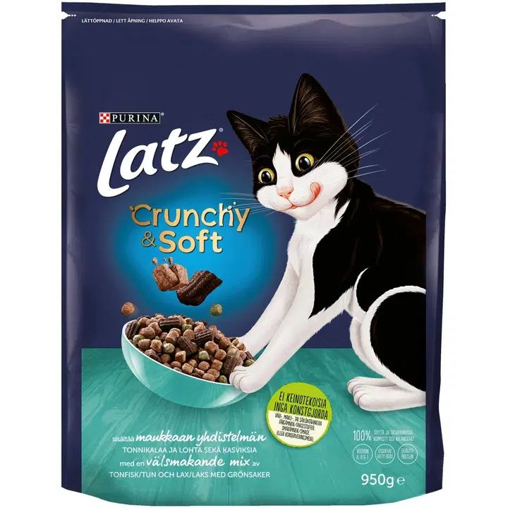 Latz 950g Crunchy & Soft sisältää Lohta, Tonnikalaa ja Kasviksia kissanruoka