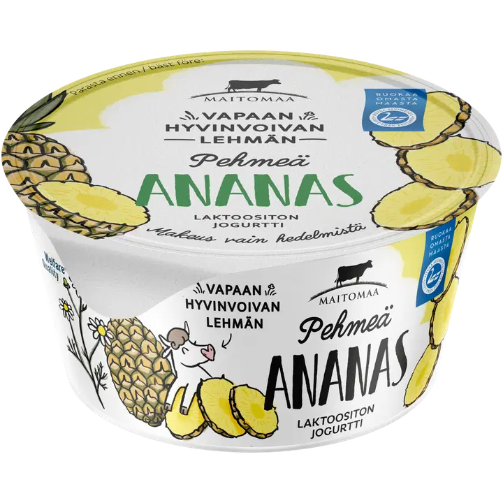 Maitomaa Vapaan hyvinvoivan lehmän Pehmeä ananasjogurtti, laktoositon 140g