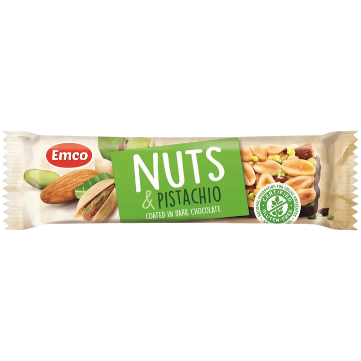 Emco gluteenivaba pähklibatoon mandlite ja pistaatsiapähklitega, pooleldi kaetud tumeda šokolaadiga 35g