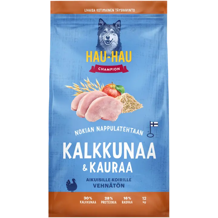 Hau-Hau Champion Nokian Nappulatehtaan Kalkkunaa & kauraa täysravinto aikuisille koirille 12 kg