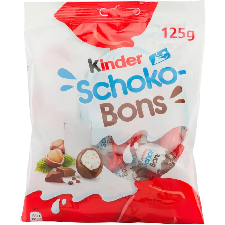 Kinder Schokobons maitosuklaata maitoisalla hasselpähkinärouhetäytteellä 125g