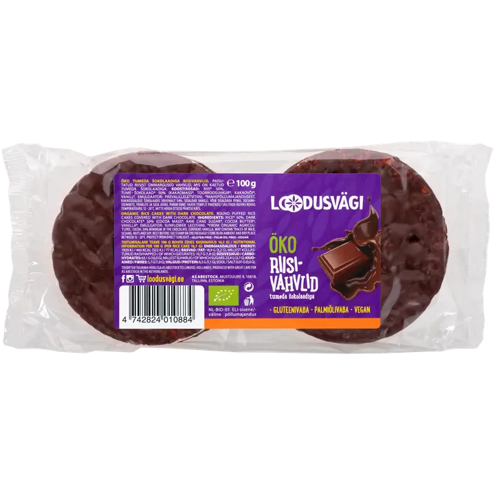 Loodusvägi öko riisivahvel tumeda šokolaadi 100 g, gluteenivaba