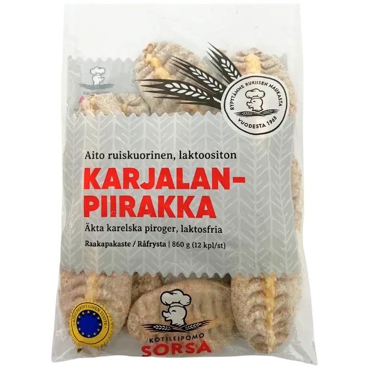 Kotileipomo Sorsa Karjalanpiirakka riisi, laktoositon, 12 kpl, 860 g, raakapakaste