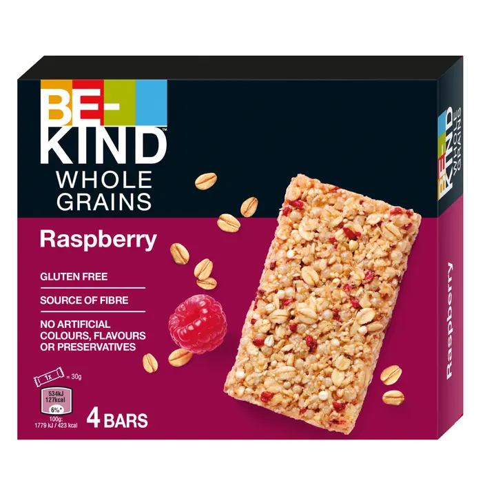 BE-KIND Whole Grains Rasberry 4-pack - täysjyväpatukat vadelmalla (4 x 30 g)