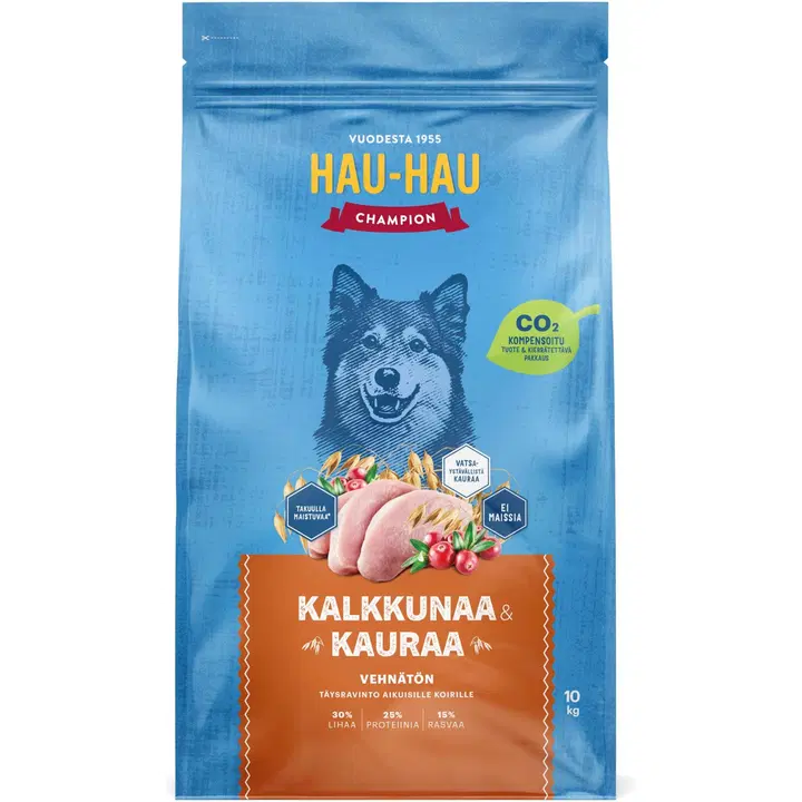 Hau-Hau Champion Kalkkunaa ja kauraa täysravinto aikuisille koirille 10 kg