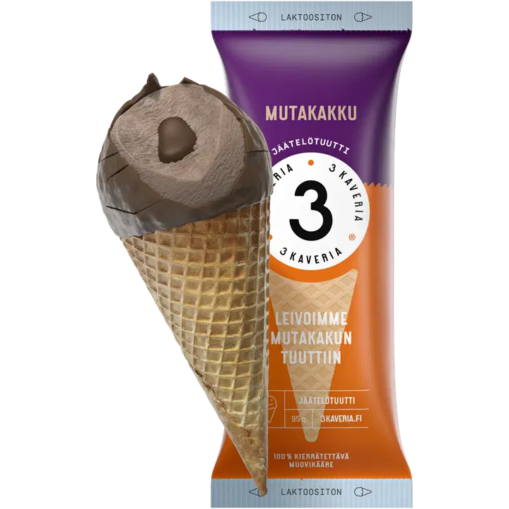 3 Kaveria Laktoositon Mutakakku jäätelötuutti 150ml/95g