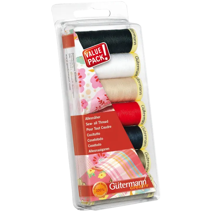 Gütermann ompelulankalajitelma 7 x 100m. 100% polyesteriä. Pakkaus sisältää värit musta, valkoinen, beige, punainen, tummansininen, vihreä ja harmaa.