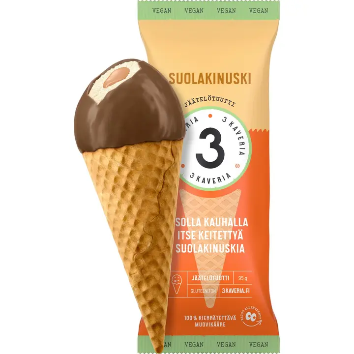 Kolmen Kaverin Jäätelö Vegaaninen Suolakinuski jäätelötuutti 150ml/95g
