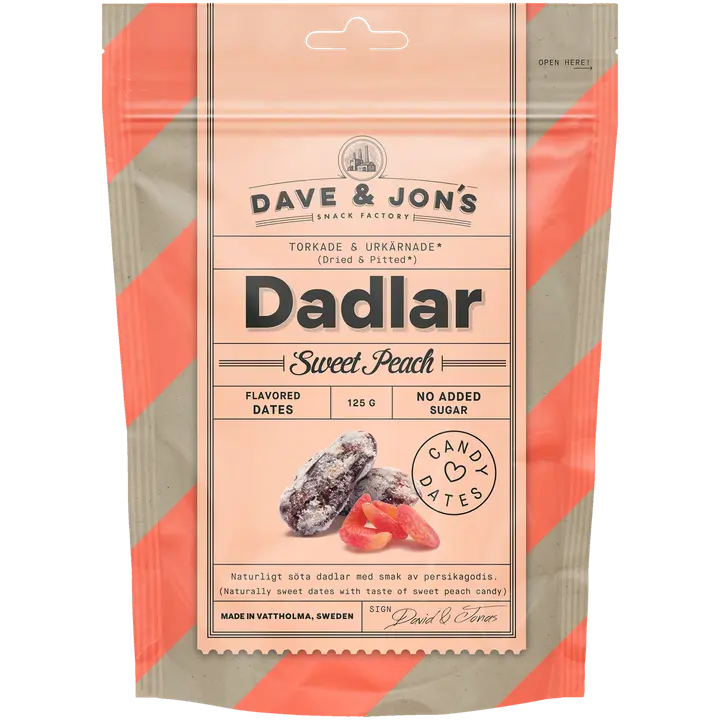 Dave&Jons persikka-karamellien makuisia kivettömiä taateleita, 125 g