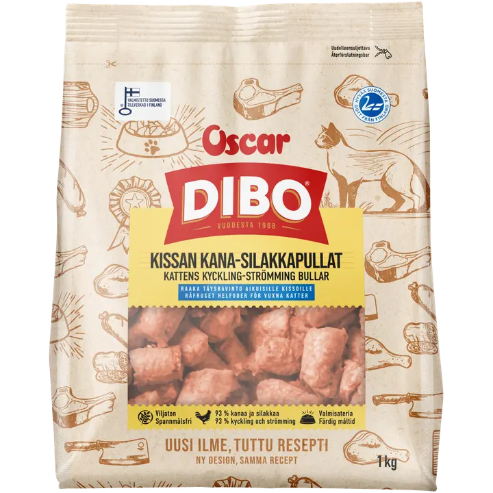 DIBO Kissan kana-silakkapullat raakapakastettu täysravinto kissoille 1kg