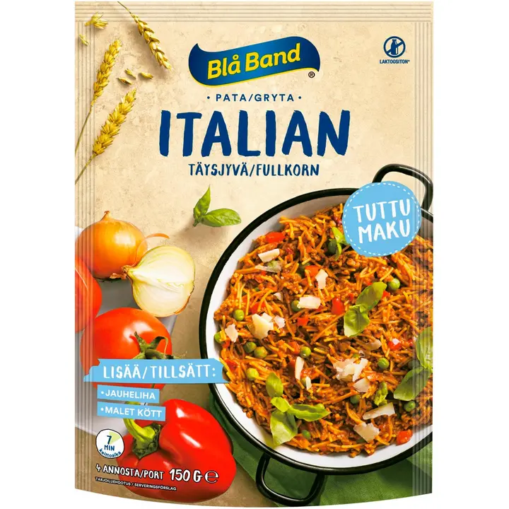 Blå Band laktoositon Täysjyvä Italian Pata Täysjyväspagetti-kasvis-mausteseos 150g