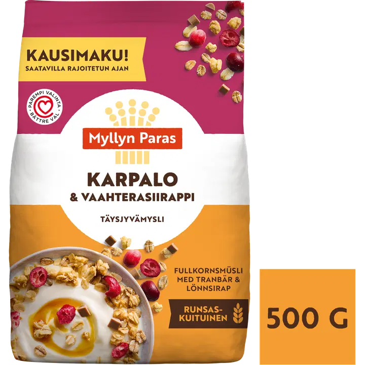 Myllyn Paras Karpalo-Vaahterasiirappi täysjyvämysli 500g
