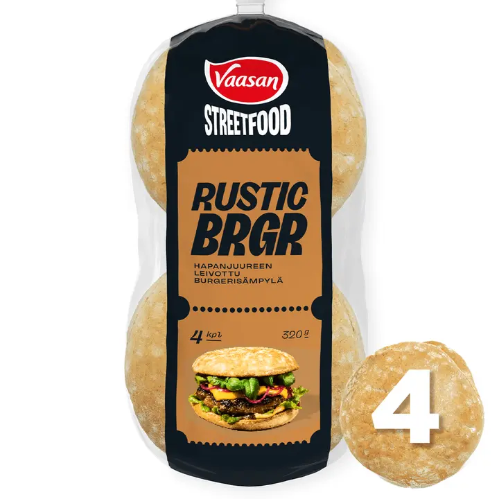 Vaasan Street Food Rustic BRGR 320g 4 kpl Hapanjuuren leivottu hampurilaissämpylä