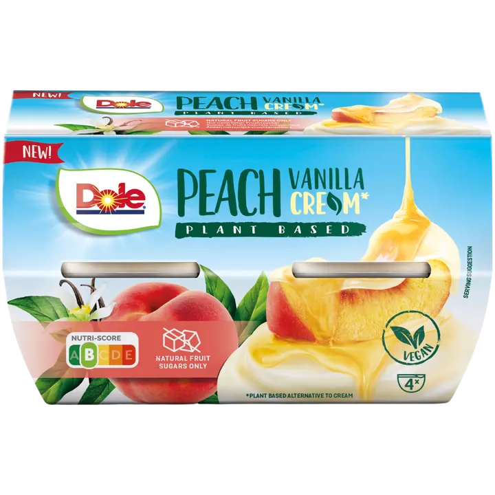 Dole Persikkaa ja vaniljaa sisältävä kasvipohjainen kreemi hedelmävälipala makeutusaineella 4x123g