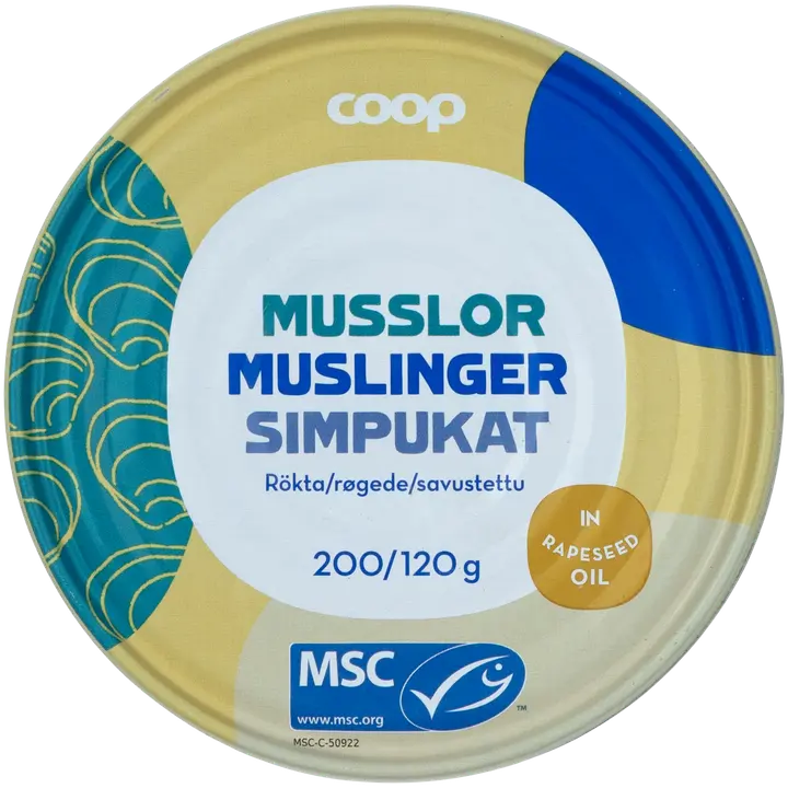 Coop savustetut sinisimpukat öljyssä MSC 200/120 g