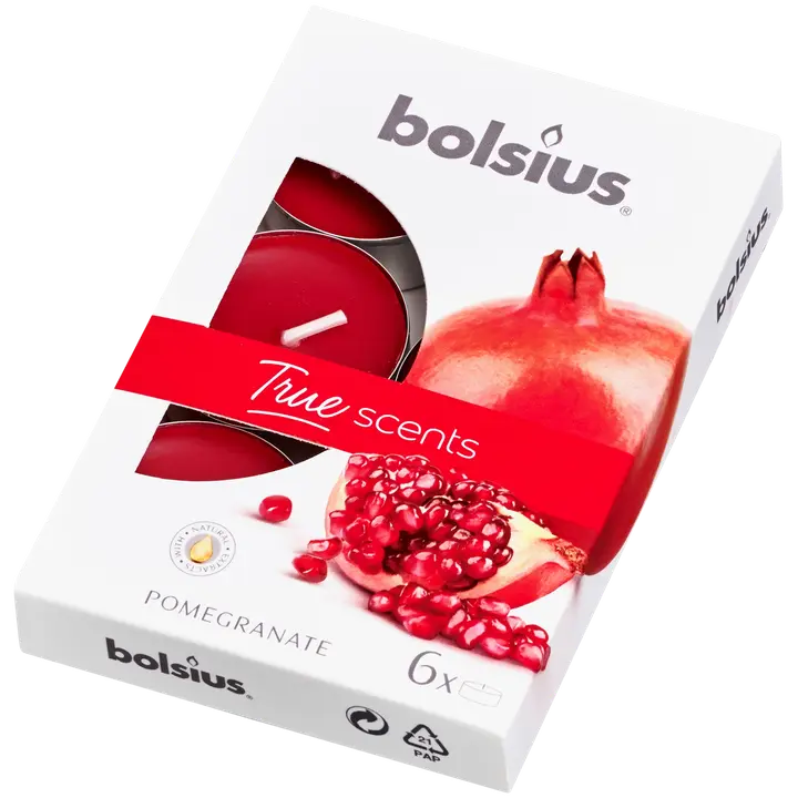 Bolsius 6 lõhna-teeküünalt karbis 4h Granaatõun True