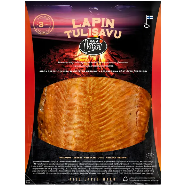 Lapin Tulisavu, aidon tulen loimussa savupesässä kypsennetty kirjolohifilee 220g