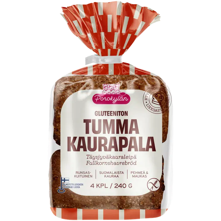 Porokylän Tumma kaurapala gluteeniton täysjyväkauraleipä 4 kpl 240 g