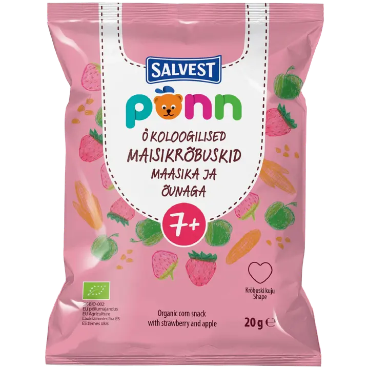 Põnn öko maisikrõbuskid maasika ja õunaga 20g alates 7-elukuust