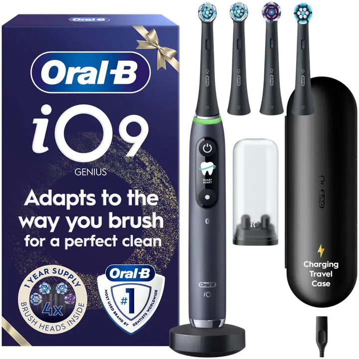 Oral-B iO9 -sähköhammasharja, Giftset, Musta, 4 vaihtoharjaa, Lataava matkakotelo
