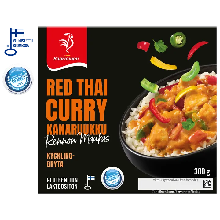 Saarioinen Red Thai Curry kanaruukku; kanaa ja riisiä mausteisessa kastikkeessa 300g