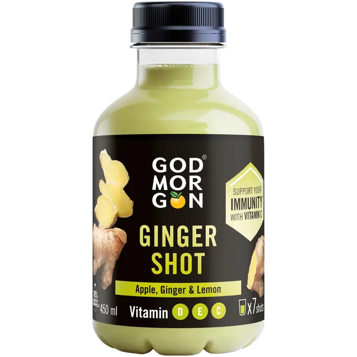 God Morgon Omena-inkivääri-sitruuna mehushot + vitamiinit D, E ja C 450 ml